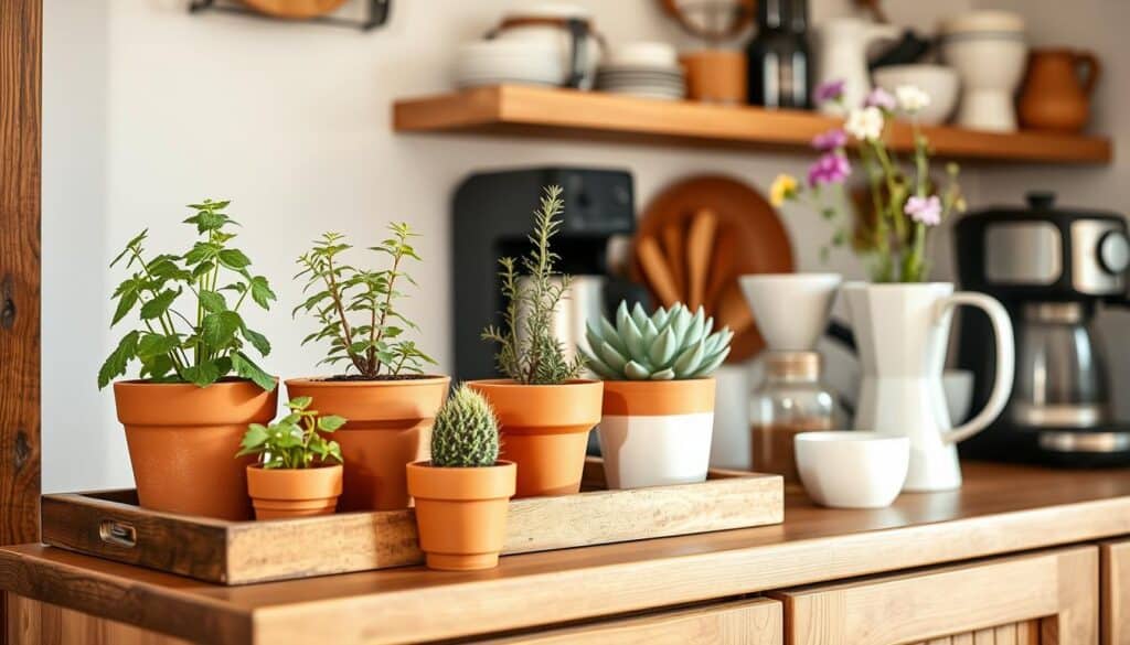 Farmhouse coffee bar with small potted herbs and plants adding life