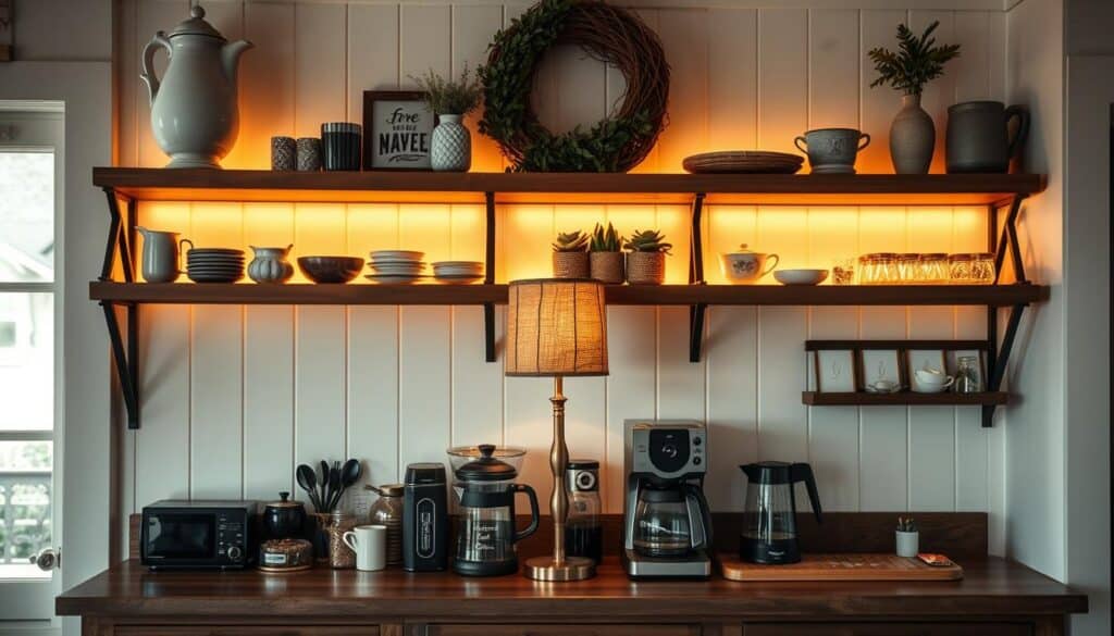 Farmhouse coffee bar with strategic lighting and warm ambiance