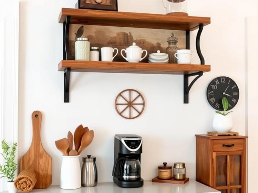 Floating shelves above a small farmhouse coffee station to maximize vertical space