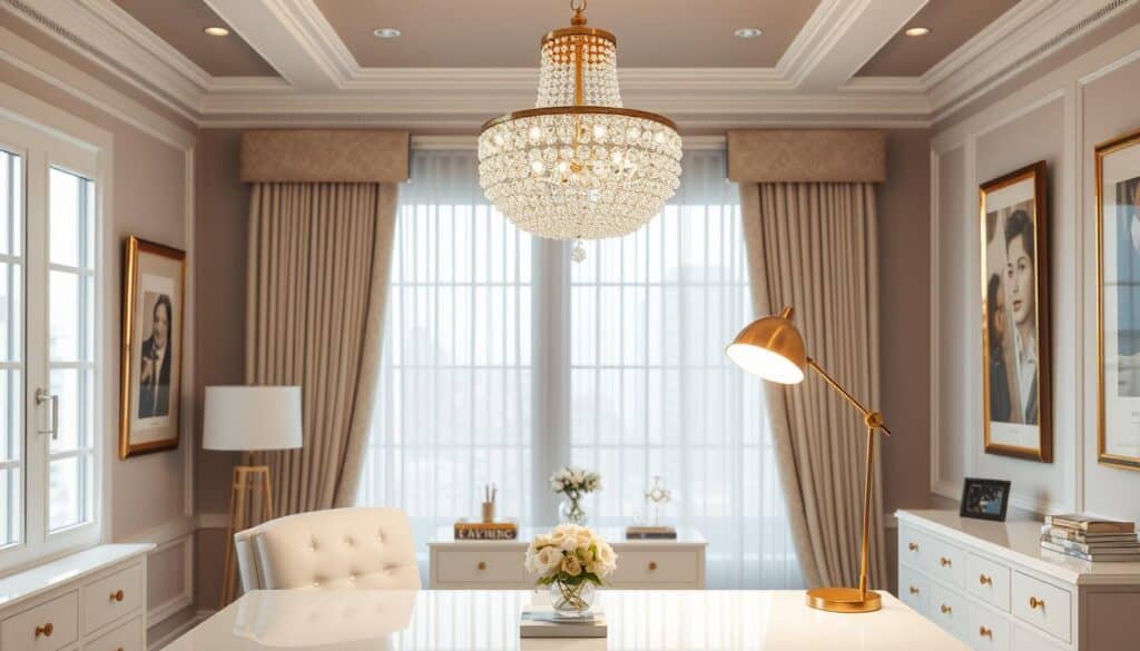 Glamorous office with crystal chandelier and gold desk lamp Glamorous office with crystal chandelier and gold desk lamp
