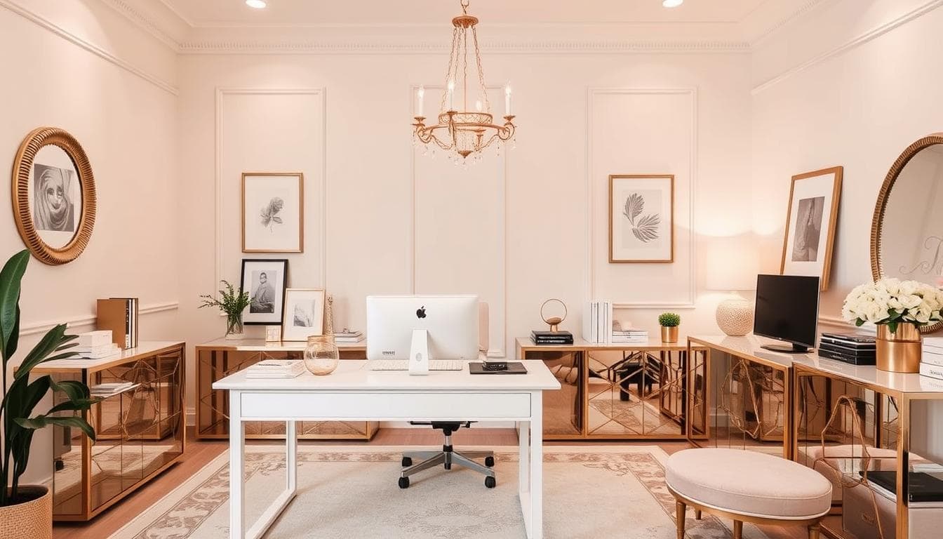 Glamorous office with soft neutral color palette featuring blush and gold accents