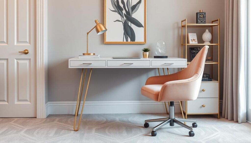Glamorous office with white desk with gold legs and velvet chair Glamorous office with white desk with gold legs and velvet chair