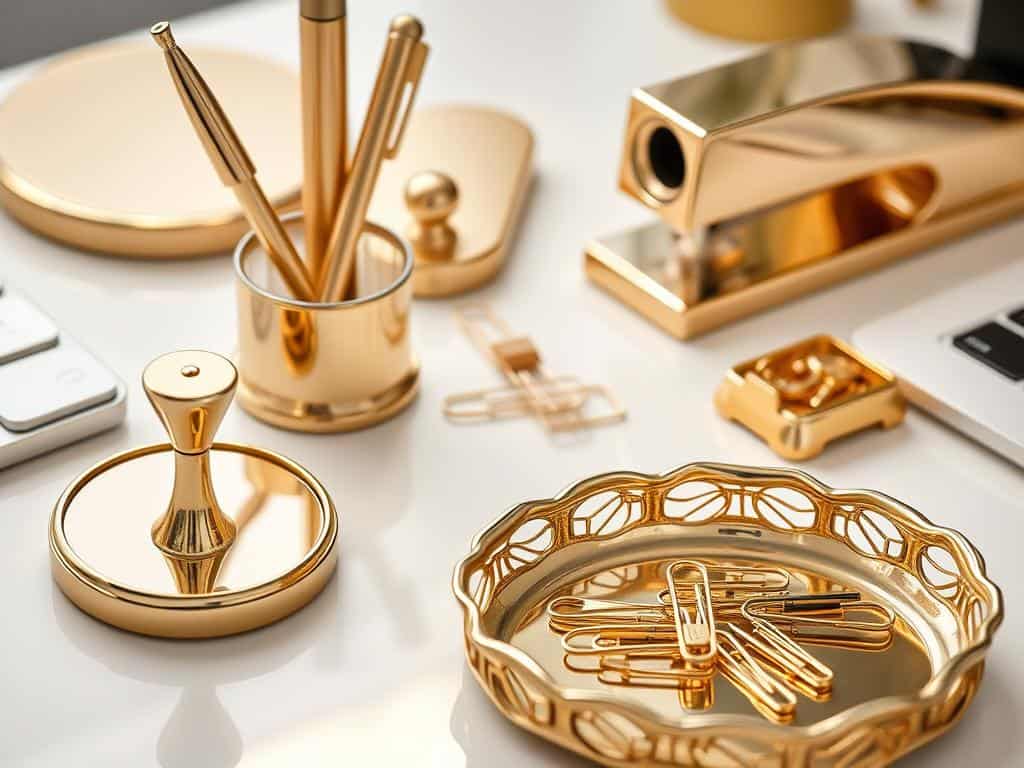 Gold desk accessories including pen holder, stapler and paper clips on a white desk Gold desk accessories including pen holder, stapler and paper clips on a white desk