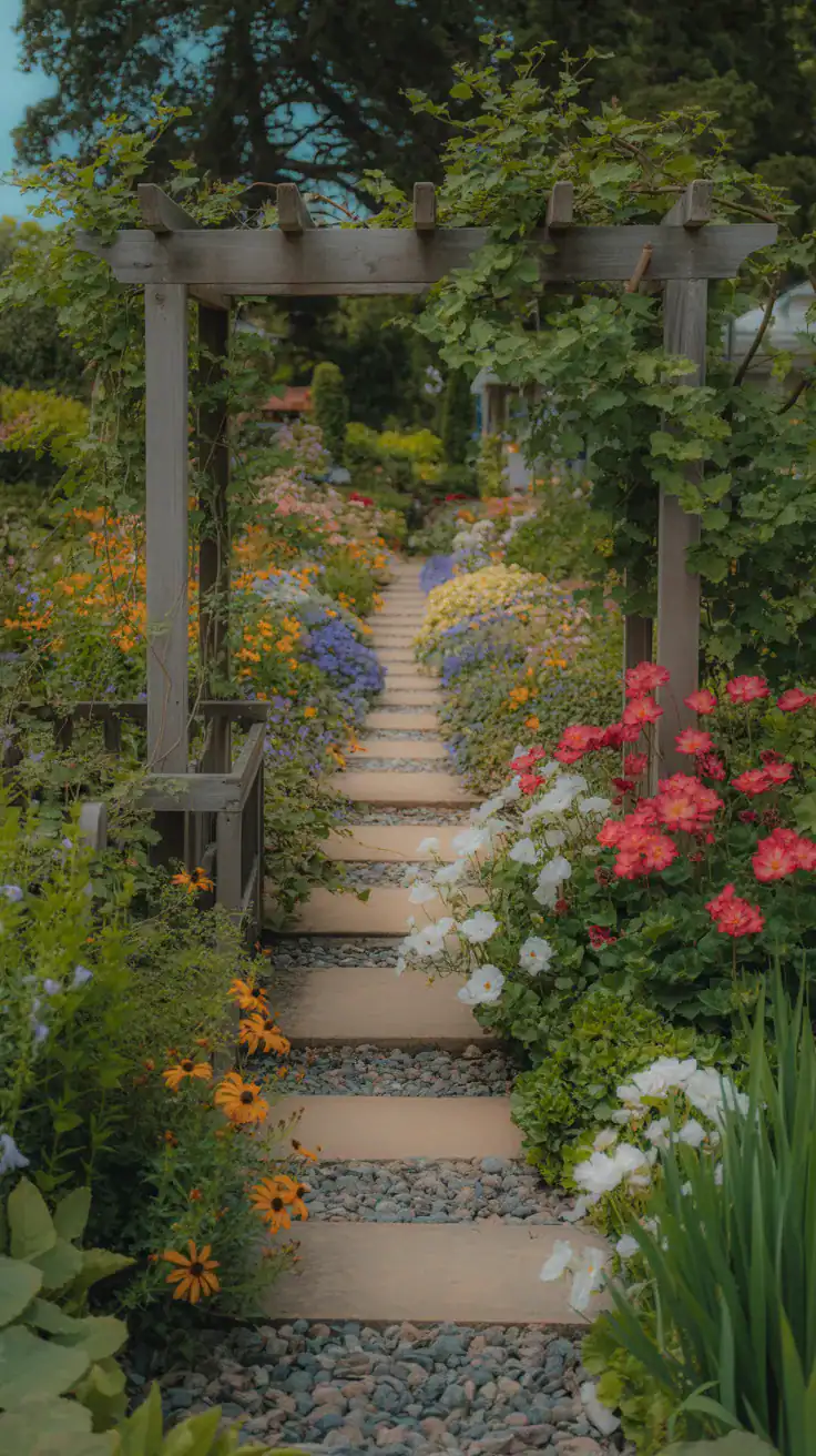 A vibrant garden pathway surrounded by colorful flowers and greenery.