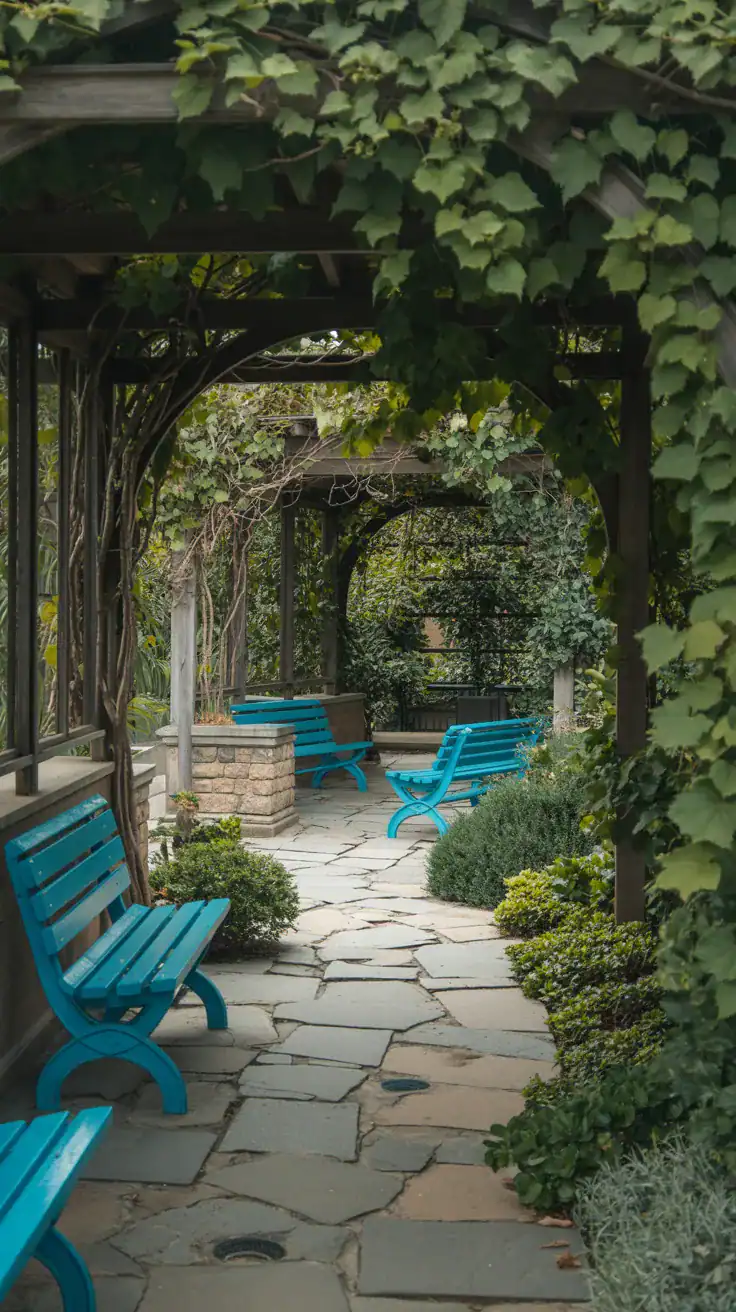 A beautiful garden with lush greenery, stone pathway, and blue benches under an archway.