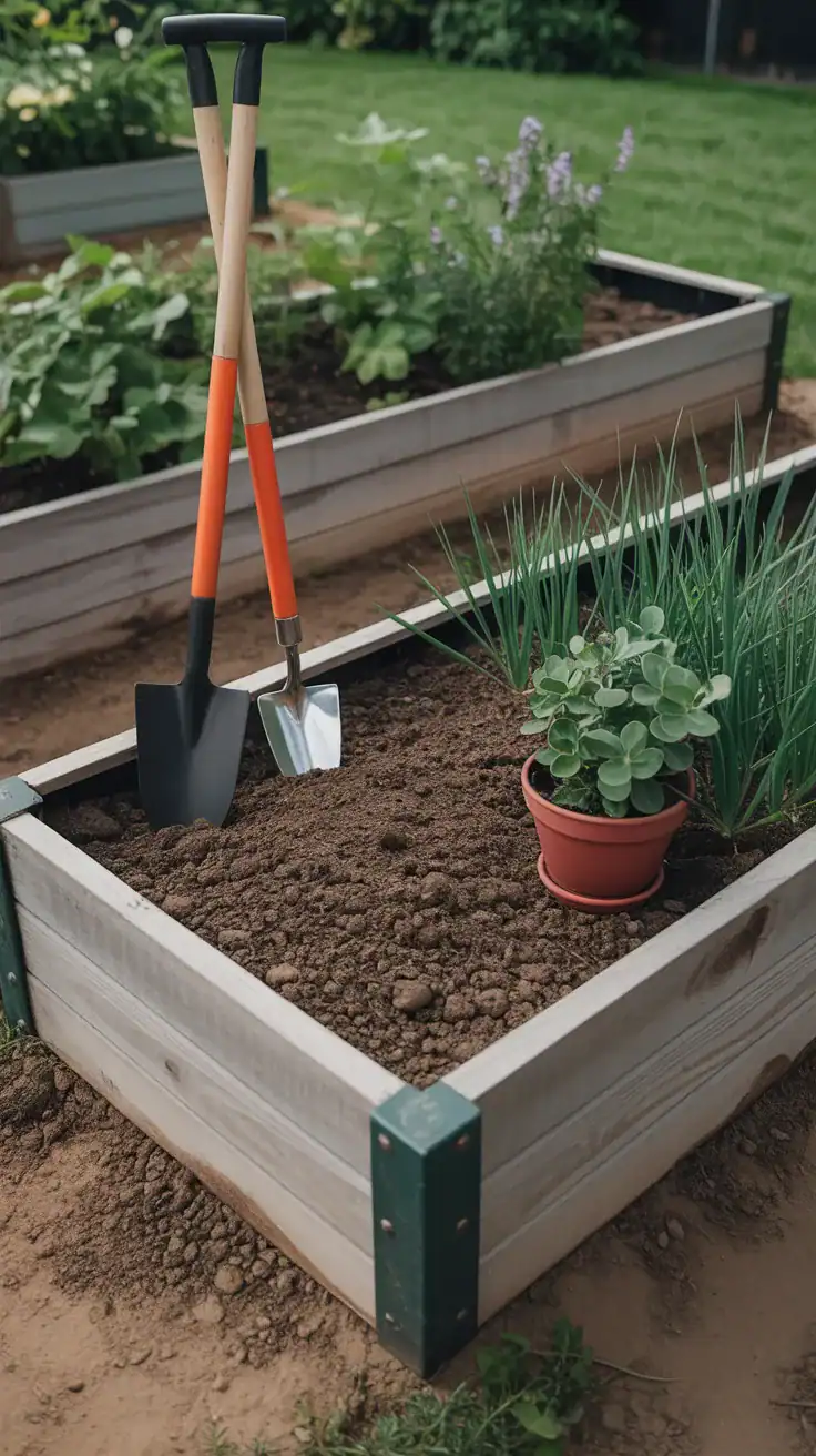 Raised bed garden with soil and gardening tools