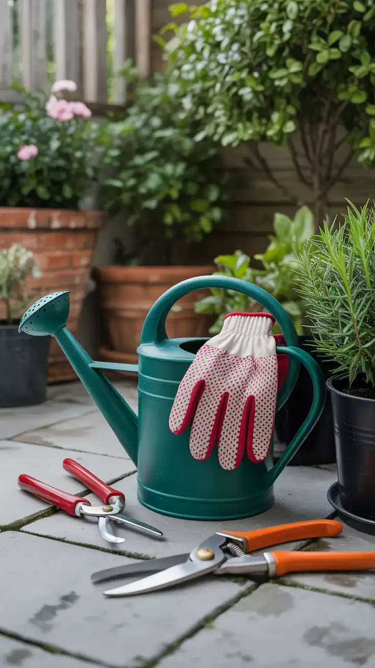 A collection of gardening tools including a watering can, gloves, and pruning shears on a patio.