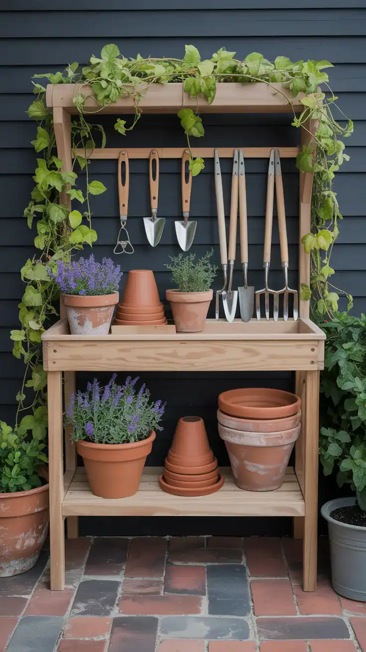 A wooden potting bench with terracotta pots and gardening tools, adorned with a trailing vine.