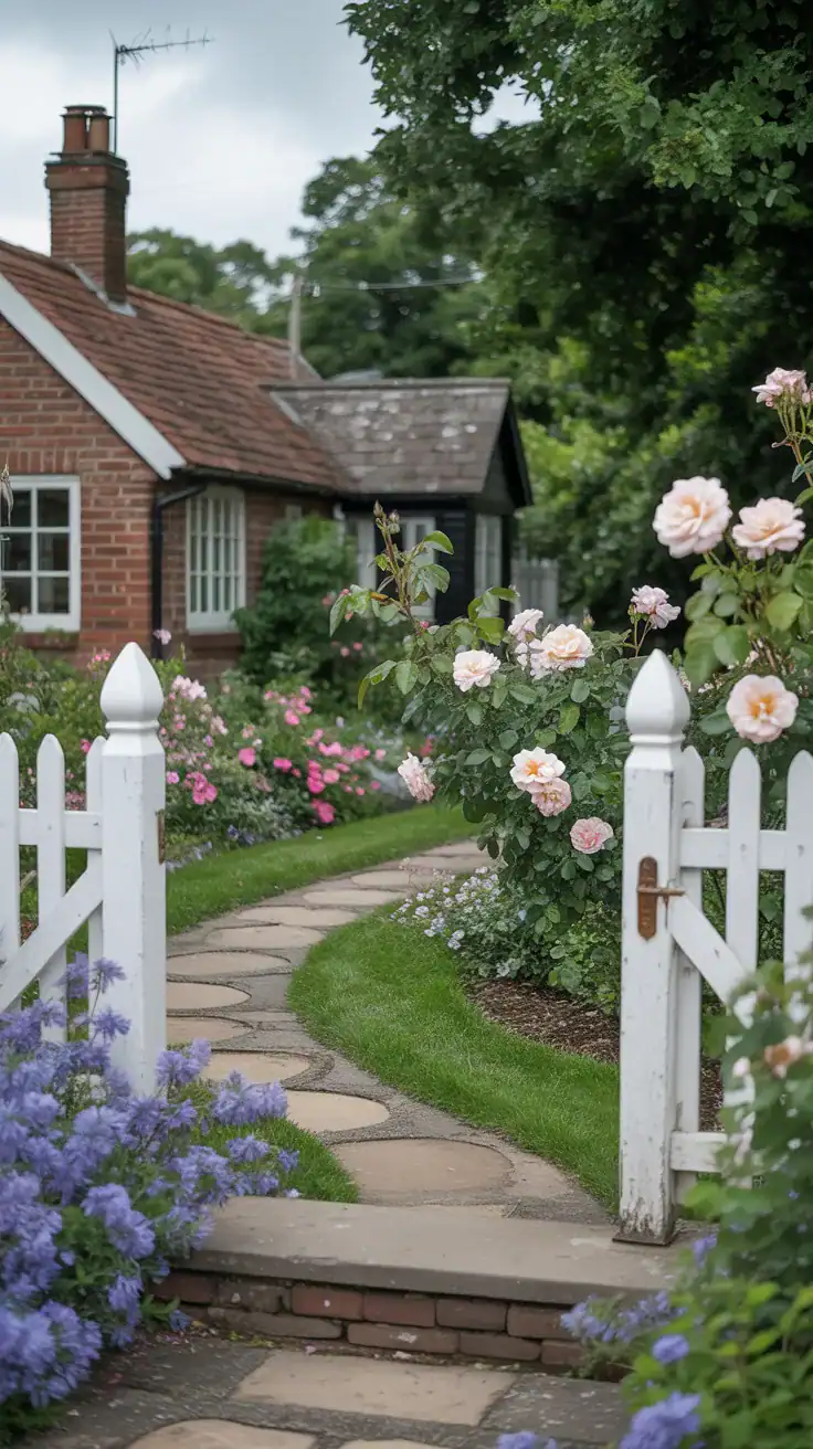A beautiful English cottage garden with a winding stone path, blooming roses, and a white picket fence.