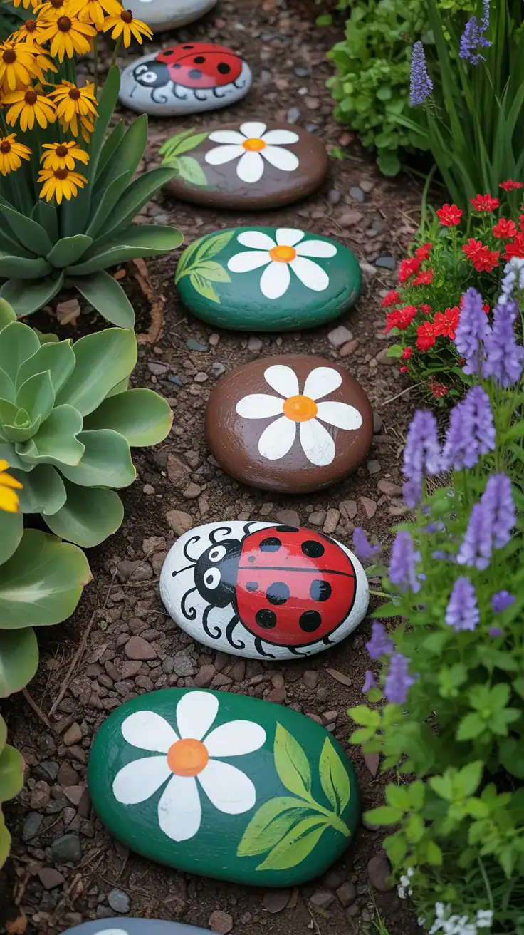 A garden pathway decorated with painted rocks featuring flowers and ladybug designs.