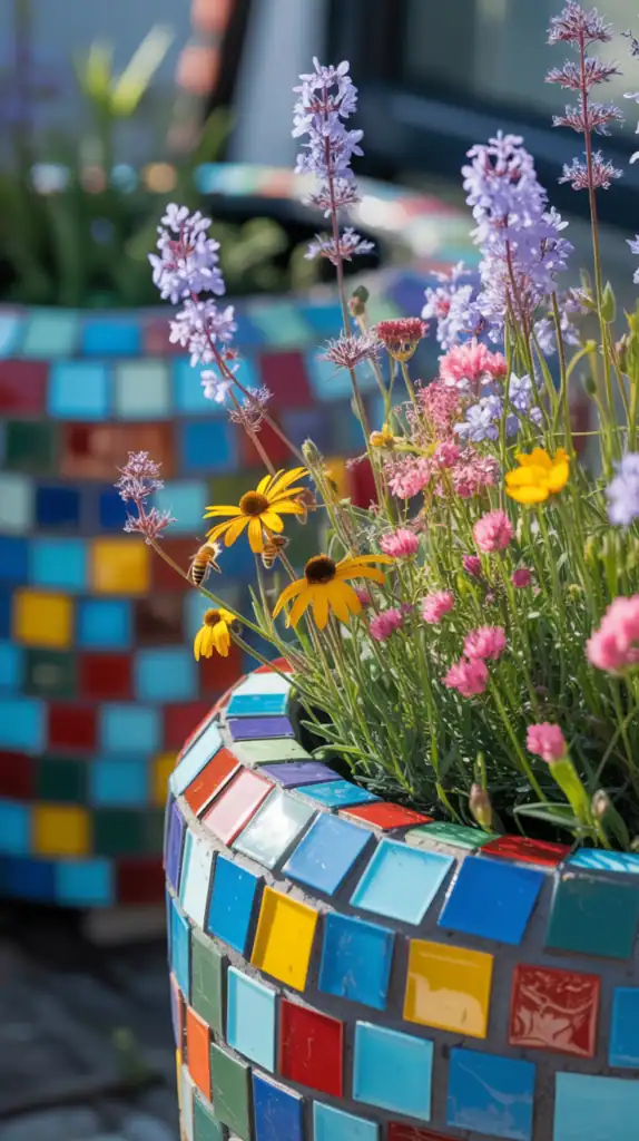 Colorful mosaic rock planter filled with blooming flowers