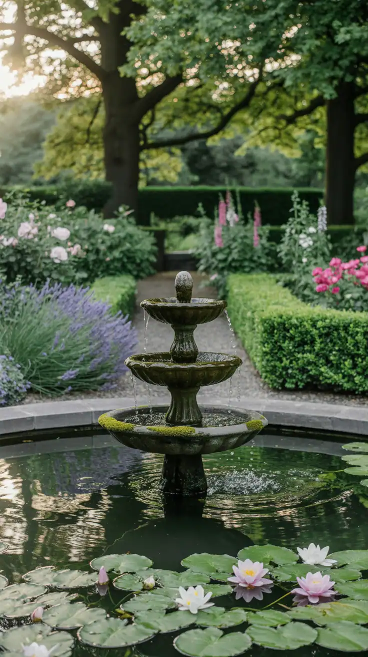 A serene pond with a fountain, surrounded by lush greenery and colorful flowers.