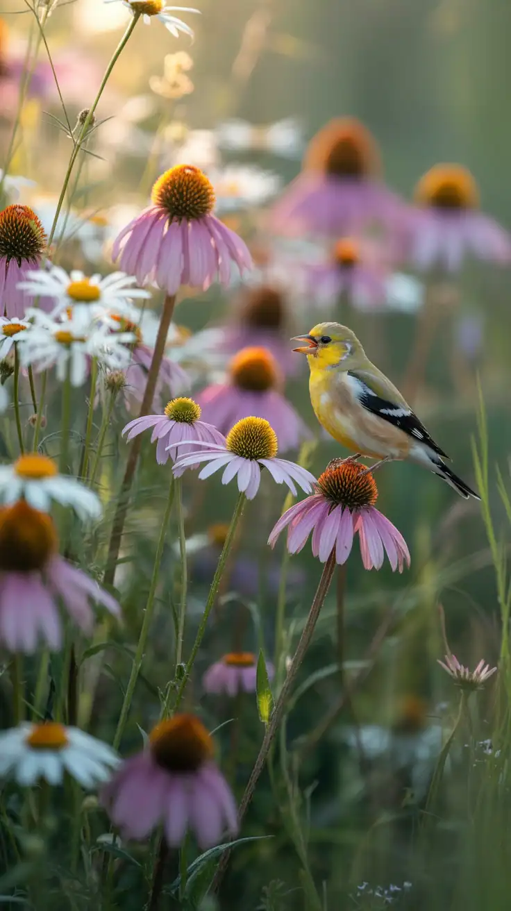 A vibrant wildflower meadow with daisies and coneflowers, featuring a small bird perched on a flower.
