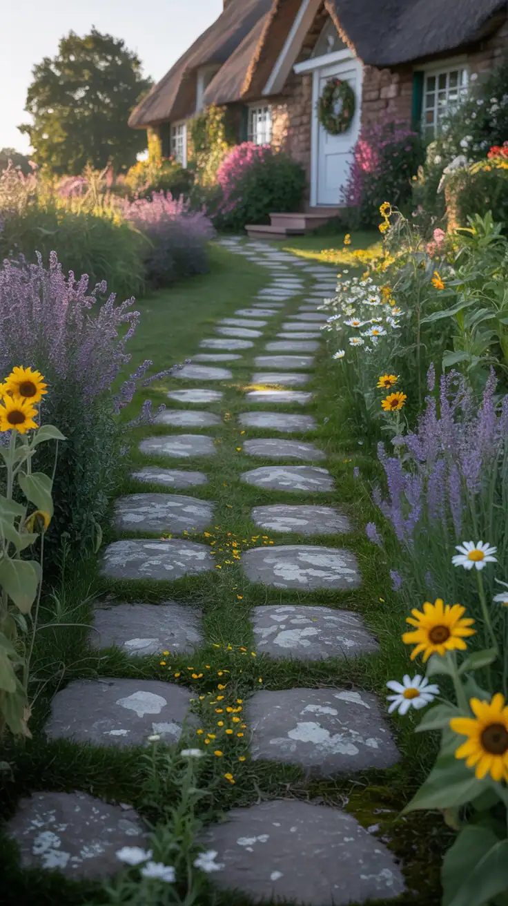 A charming stone pathway lined with colorful flowers leading to a cottage.