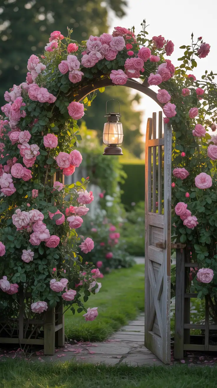 An arbor covered in pink climbing roses, featuring a lantern and a wooden gate.