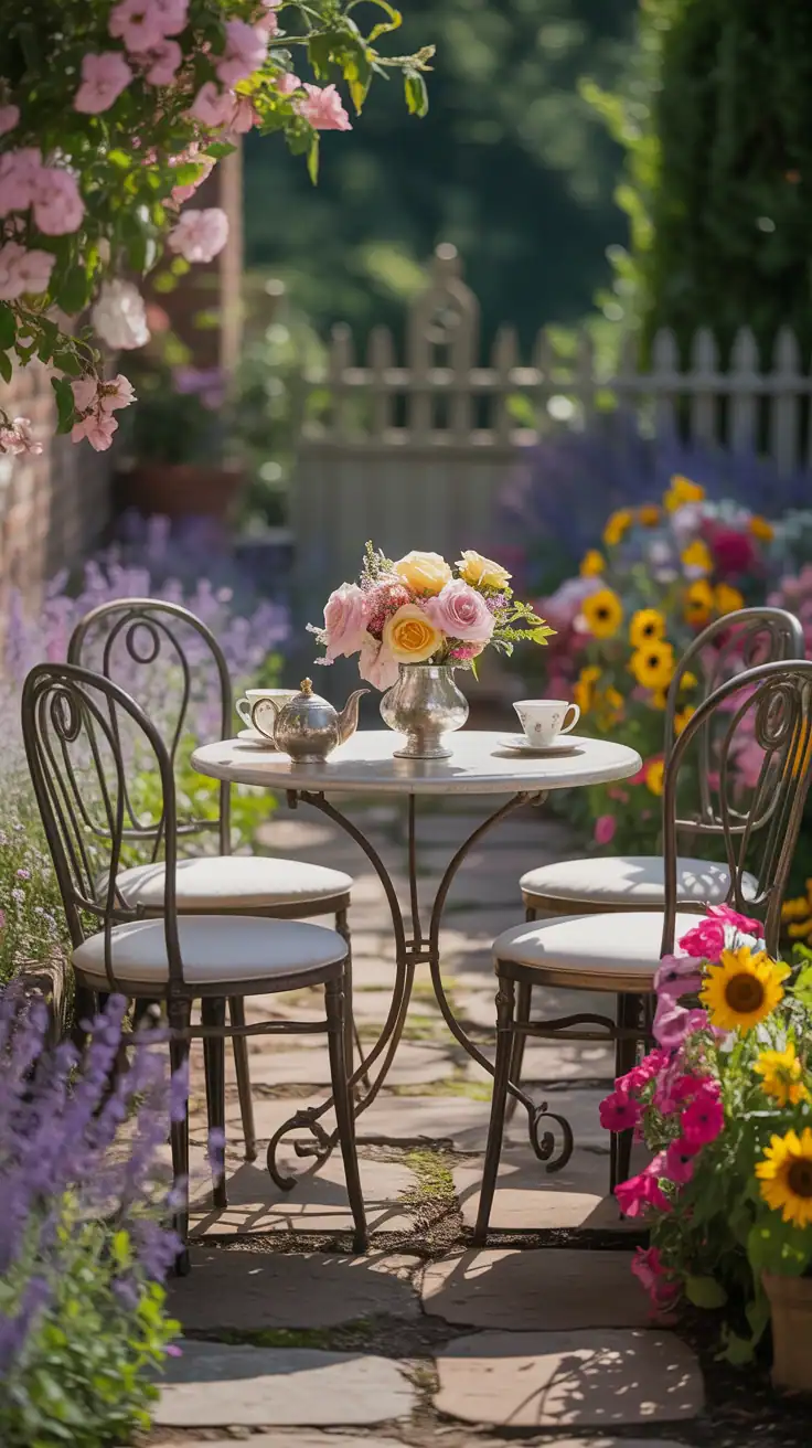 A vintage garden setup with a round table and white chairs surrounded by colorful flowers.