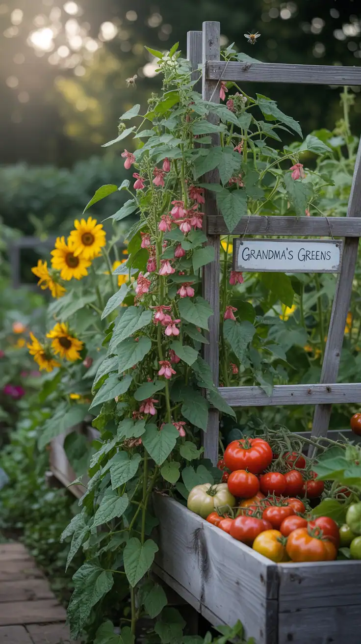 A lush cottage-style vegetable garden with various plants and trellises.