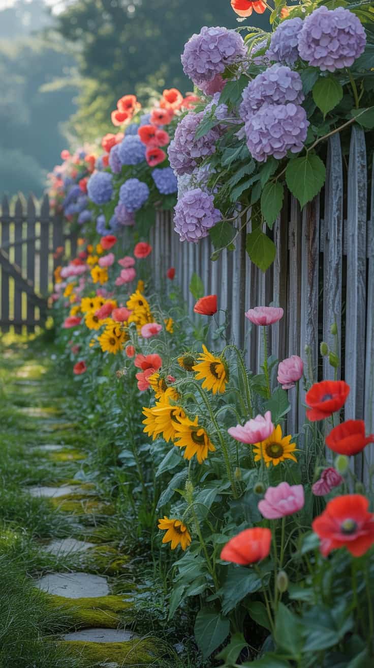 Colorful flower borders along a wooden fence in a garden