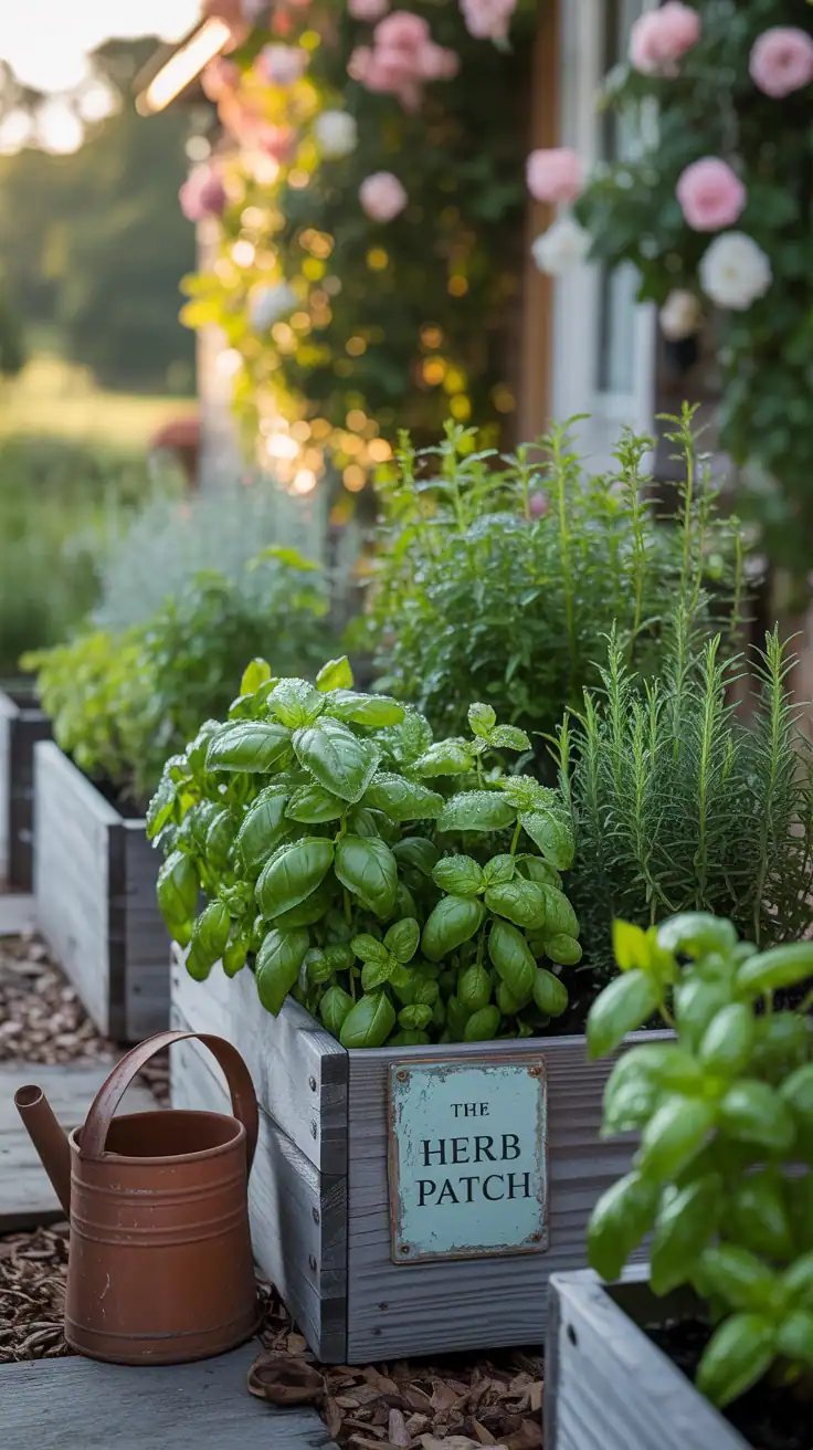 A vibrant herb garden with various herbs like basil and mint growing in neat rows.