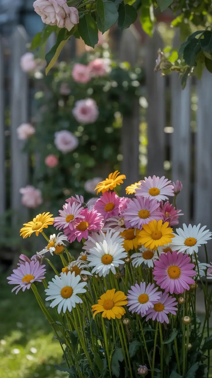 A colorful display of daisies in various shades, showcasing seasonal blooms in a garden.
