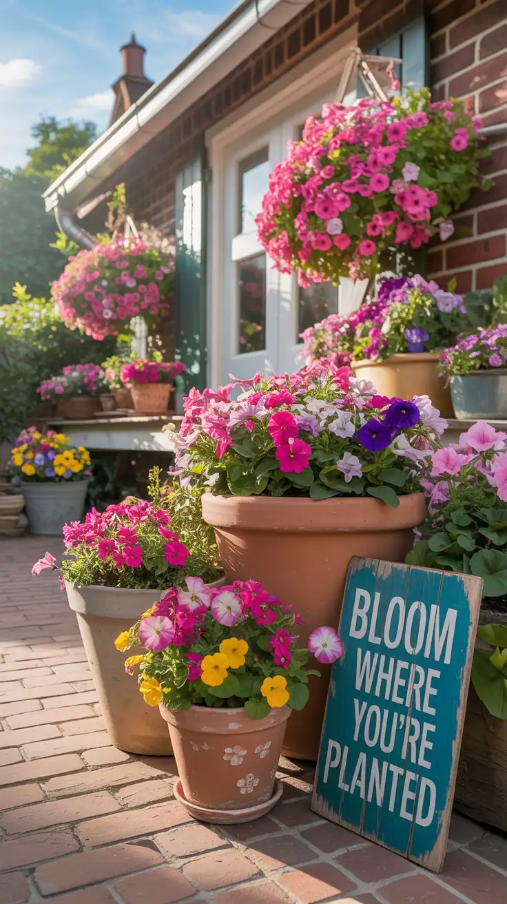 Colorful container garden with various flowers in pots near a house