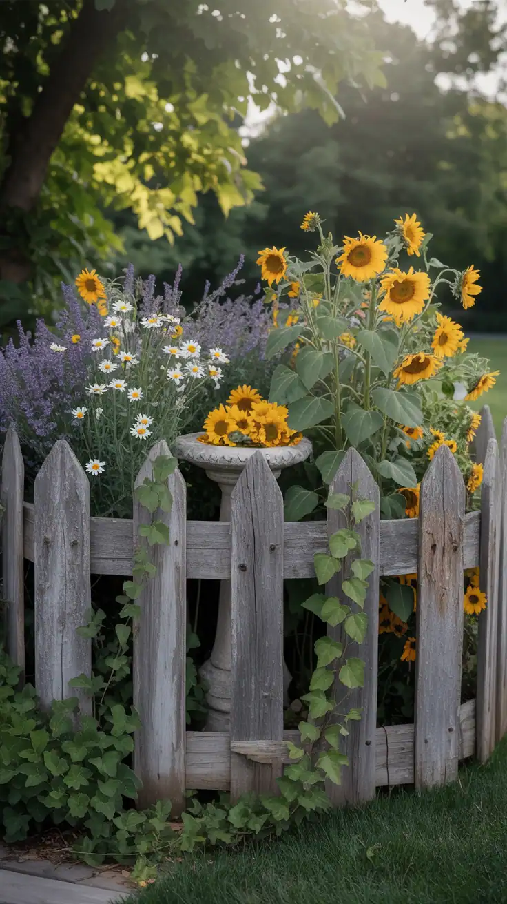 A rustic wooden fence framing a colorful garden with flowers.