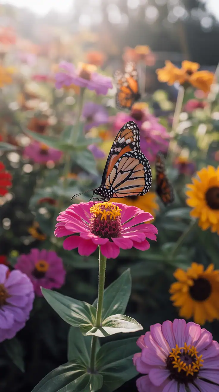 A colorful butterfly garden filled with various flowers and butterflies flying around.