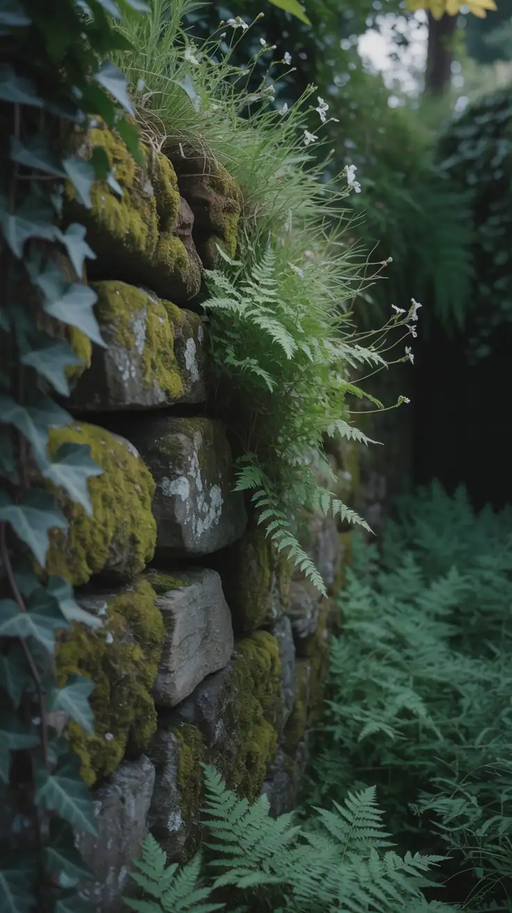 A natural stone wall covered in moss with green plants, showcasing rustic garden appeal.