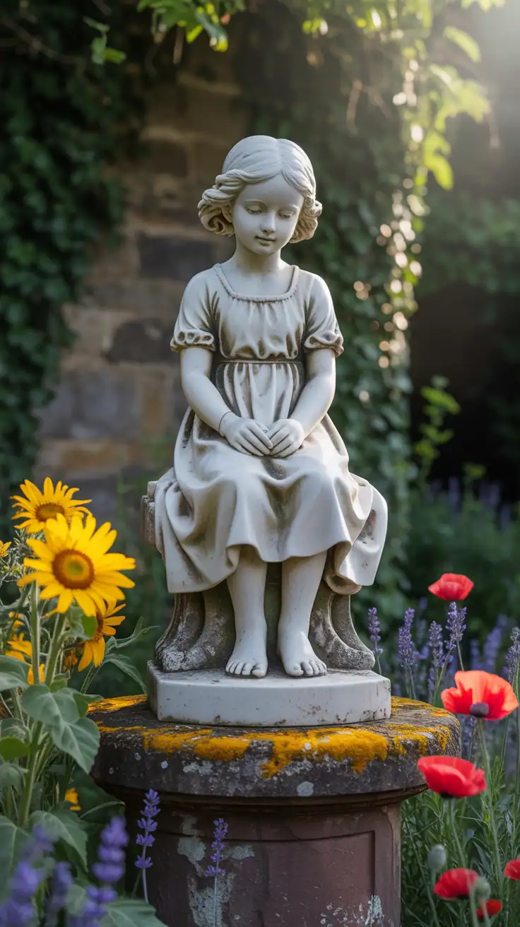 A charming garden statue of a child surrounded by colorful flowers.