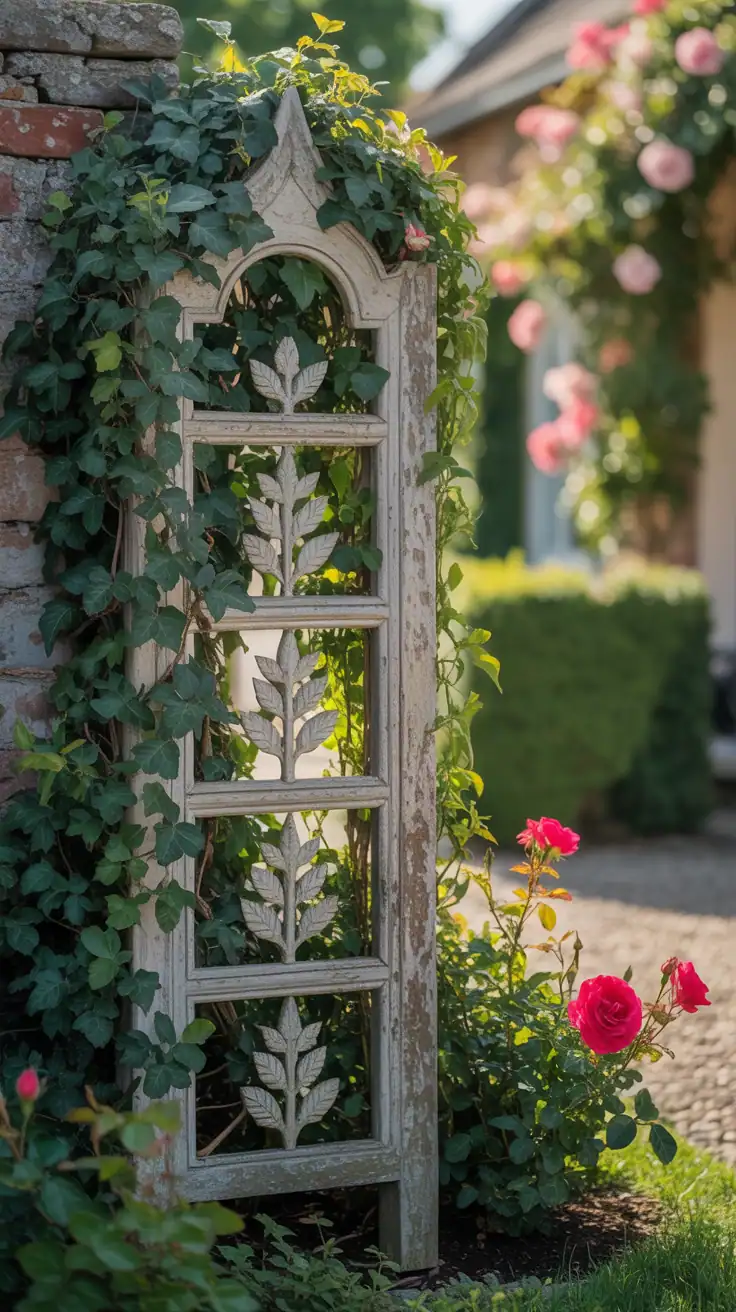 Wooden garden trellis with climbing vines