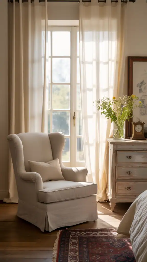 A bright bedroom with sheer white curtains, a wooden dresser, and a cozy chair, creating a light and airy atmosphere.