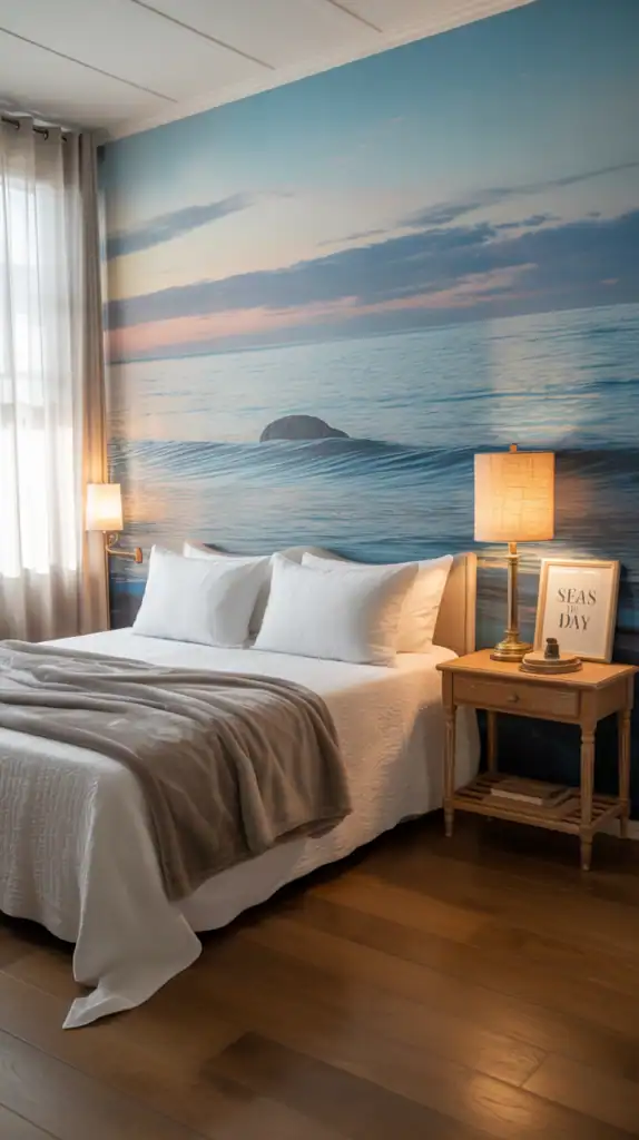 A bedroom with an ocean view wall mural, featuring a bed with white bedding and wooden furniture.