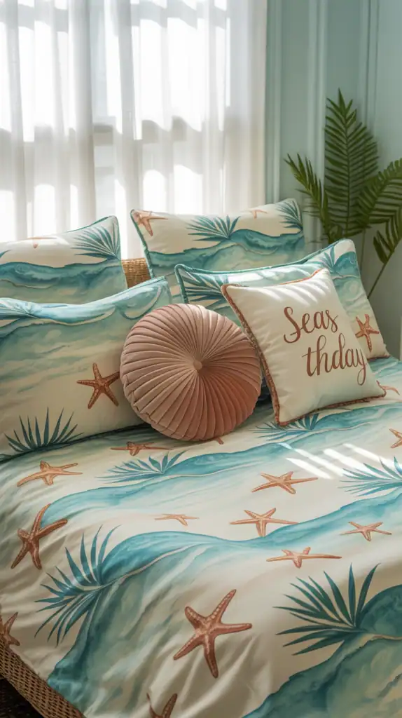 A bed with beach-themed linens and pillows, featuring designs of waves, starfish, and tropical plants.