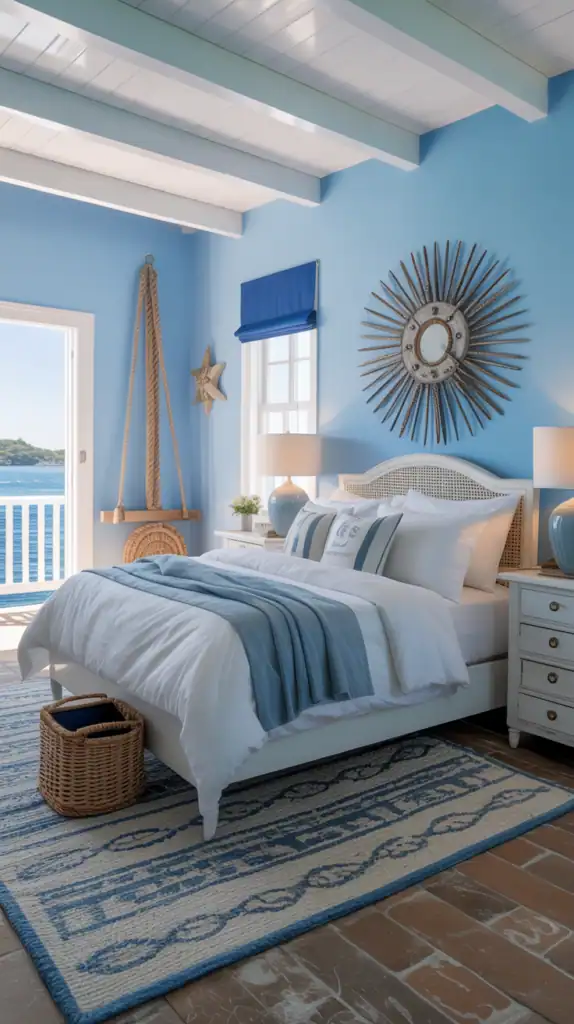 Coastal bedroom with soft blue walls, white bedding, and nautical decor.