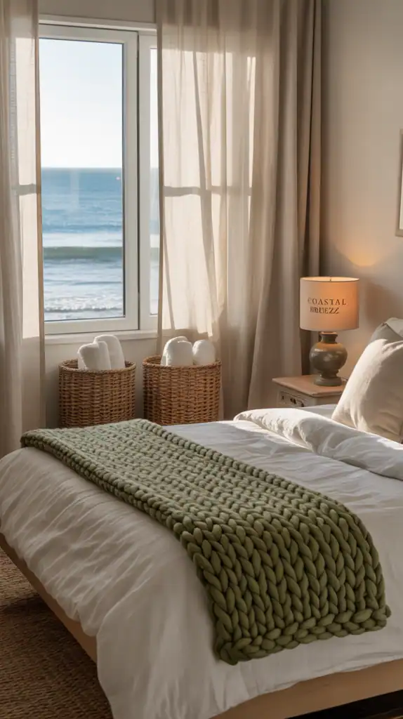 A cozy coastal bedroom featuring white linens, a green knitted throw, woven baskets, and light curtains.