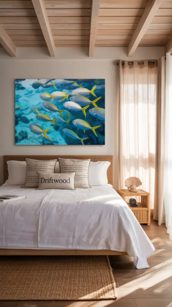 A coastal-themed bedroom featuring a large painting of colorful fish swimming in blue water, with wooden ceiling and cozy bedding.
