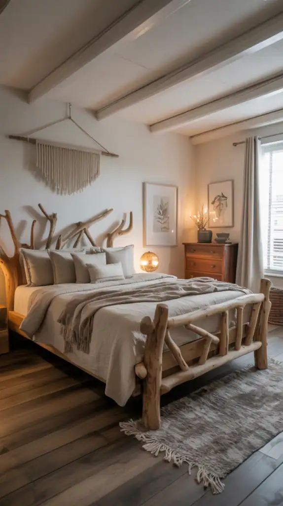 cozy bedroom featuring rustic driftwood furniture, including a unique bed frame and wooden dresser, with soft bedding and natural decor.