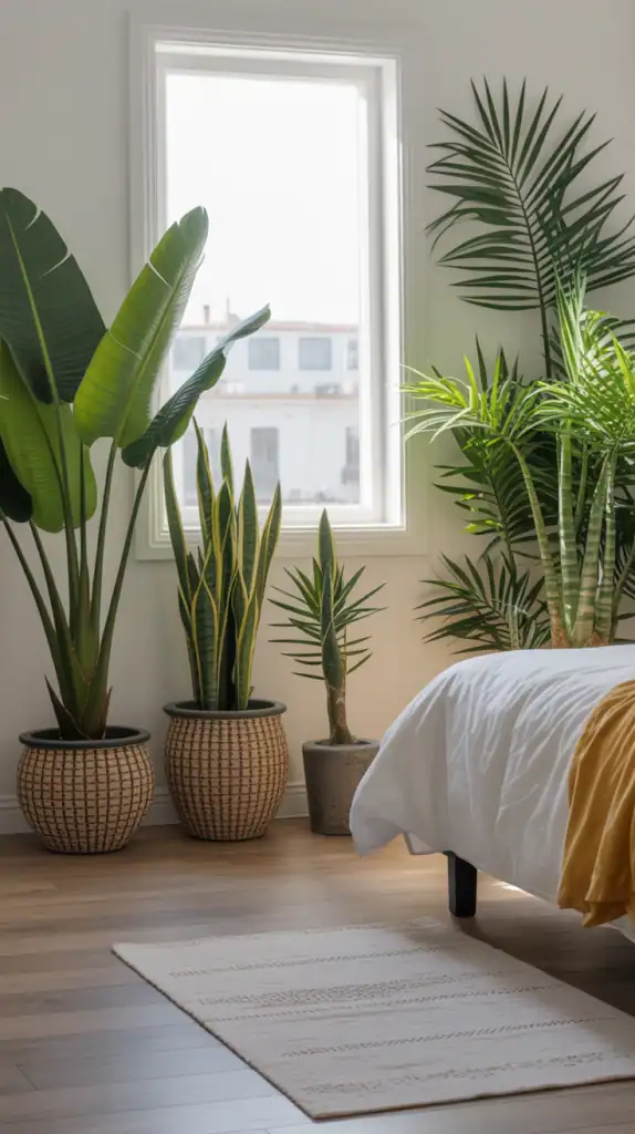 A bright bedroom featuring tropical plants in decorative pots, creating a vacation-like atmosphere.