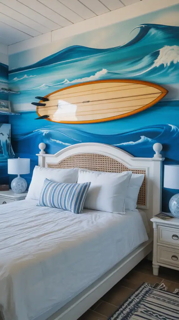 A surfboard mounted on a wall in a coastal-themed bedroom with a blue color scheme.