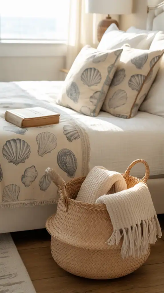 A cozy bedroom corner featuring shell-patterned accent pillows on a bed with an open book and a woven basket.