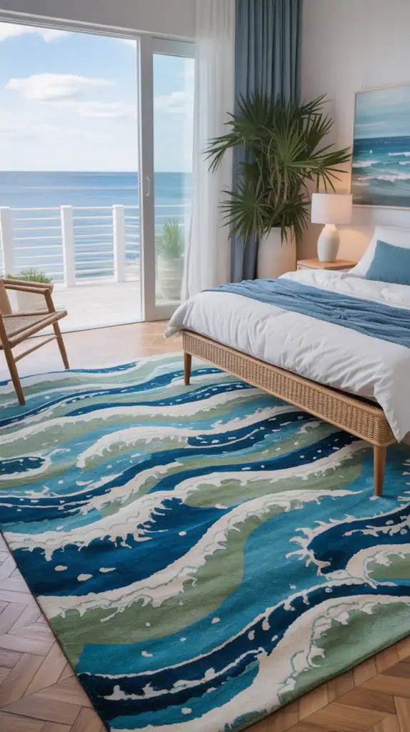 A coastal-inspired area rug with wave patterns in shades of blue and green, placed in a bright bedroom with a view of the ocean.