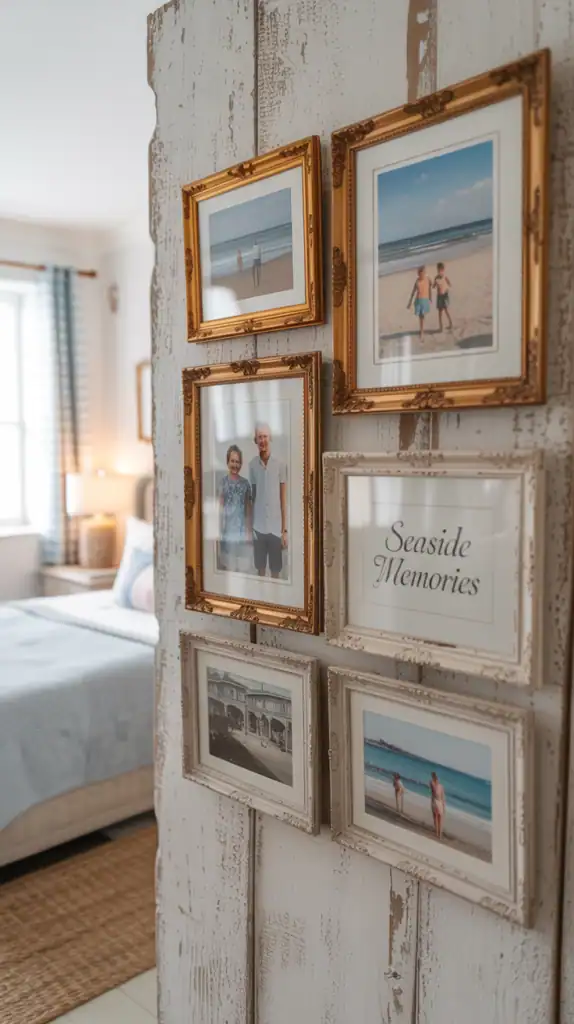 A collection of vintage beach photographs framed and displayed on a wall in a coastal-themed bedroom.
