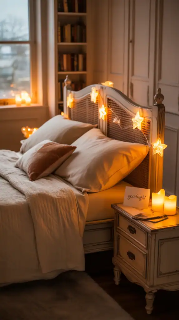 A cozy bedroom with whimsical lantern lighting, featuring star-shaped string lights and glowing candles.