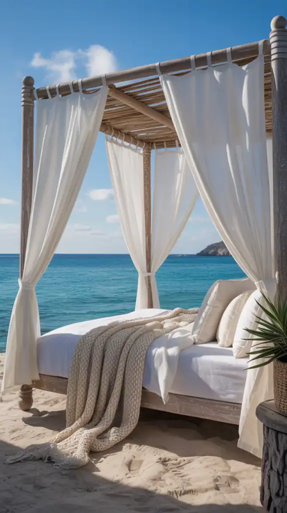 A beachy canopy bed with white curtains overlooking the ocean.