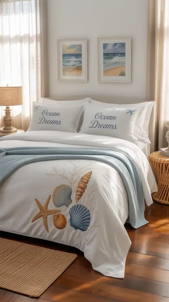 A coastal-themed bedroom featuring personalized wall art, soft bedding, and natural decor elements.