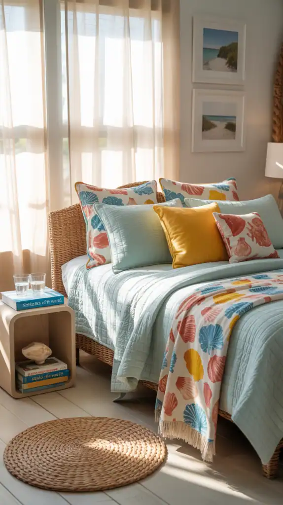 A colorful beach-themed bedroom with blue bedding, vibrant pillows, and coastal decor.