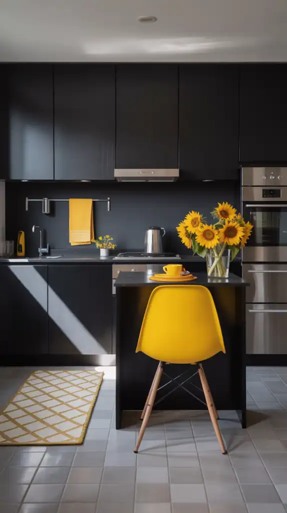 A modern black kitchen with bright yellow accents, including chairs, flowers, and a dish towel.