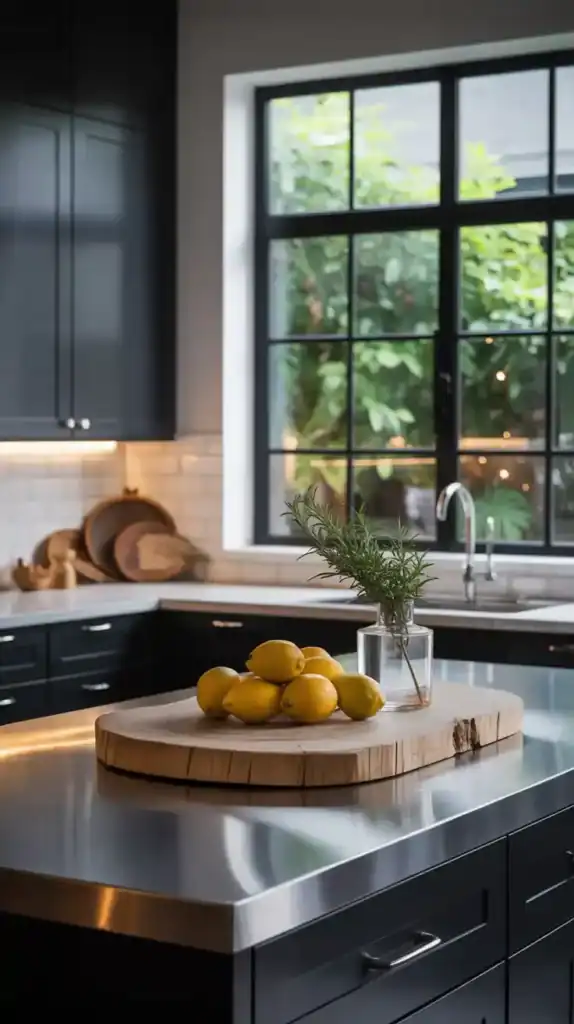 A modern black kitchen featuring warm white accents with wooden elements.
