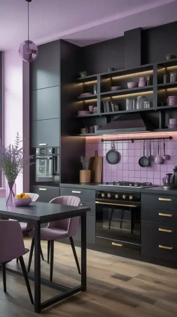 A modern black kitchen with soft lavender touches and wooden flooring.