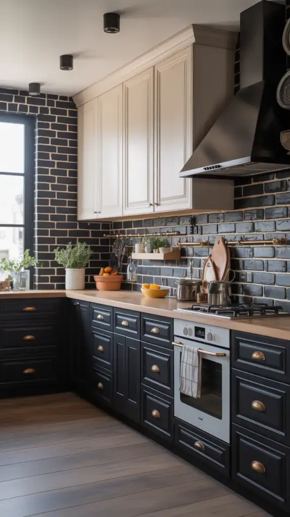 A stylish kitchen featuring black cabinets and cream-colored upper cabinets, showcasing a modern design.